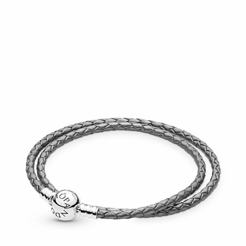 Pandora Grey Braided Double-leather Charm Bracelet Ireland - Sterling Silver/Leather/Grey - 076849AX